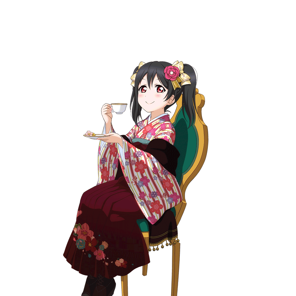 alternate_costume artist_request bangs black_hair blush boots bow chair cup floral_print hair_bow hair_ornament hakama holding holding_cup holding_plate japanese_clothes kimono long_hair looking_at_viewer love_live! love_live!_school_idol_festival love_live!_school_idol_project meiji_schoolgirl_uniform official_art plate red_eyes sitting smile solo teacup transparent_background twintails yazawa_nico
