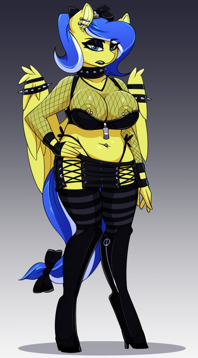 2018 anthro areola big_breasts black_lipstick blue_eyes blue_hair boots bow breasts clothing collar equine eyeshadow fan_character female fishnet footwear gloves goth hair high_heels legwear lemon_frost_(oc) lipstick makeup mammal miniskirt my_little_pony nipple_piercing nipples pegasus piercing replica_(artist) shoes skirt skull socks spiked_collar spikes thong thot wings