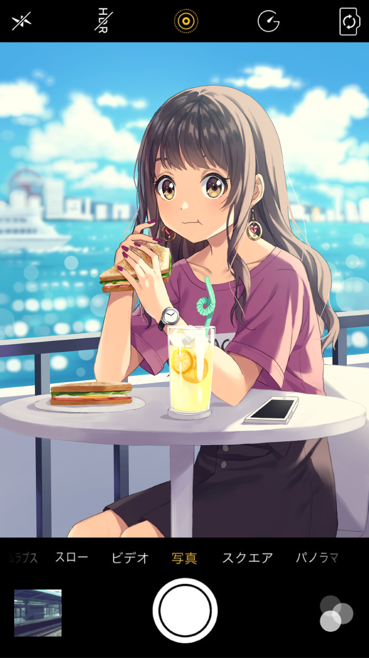 :t bangs blue_sky blurry blurry_background blush brown_eyes brown_hair brown_skirt cellphone chair cityscape closed_mouth clothes_writing cloud cloudy_sky commentary_request crazy_straw cup day depth_of_field drink drinking_glass drinking_straw earrings eating ferris_wheel fingernails food fruit highres holding holding_food jewelry kim_bae-eo lemon lemon_slice long_hair looking_at_viewer nail_polish ocean original outdoors phone phone_screen purple_nails purple_shirt sandwich ship shirt short_sleeves sitting skirt sky smartphone solo table translation_request watch water watercraft wristwatch