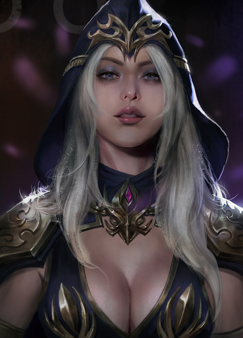 ashe_(league_of_legends) bangs blue_eyes breasts cape cleavage hood kveldulv large_breasts league_of_legends long_hair looking_at_viewer parted_lips realistic silver_hair solo upper_body white_hair