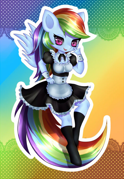 2018 5_fingers anthro blue_feathers breasts chibi clothed clothing cute dress equine eyebrows eyelashes feathered_wings feathers female friendship_is_magic fully_clothed gradient_background hair hooves legwear long_hair looking_at_viewer maid_uniform mammal multicolored_hair my_little_pony open_mouth open_smile pegasus pinktooth pose purple_eyes rainbow_background rainbow_dash_(mlp) rainbow_hair simple_background smile socks solo sticker teeth tongue uniform wings wrist_cuff