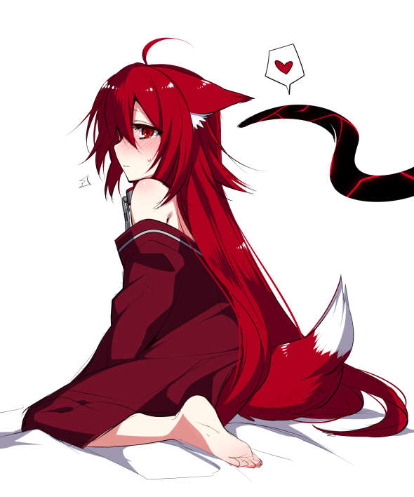 1girl ahoge animal_ears blush closed_mouth commentary_request dated ears_down fox_ears fox_tail hair_between_eyes heart konshin looking_at_viewer off_shoulder opera_the_vermelho original red_eyes signature sitting solo spoken_heart sweatdrop tail wariza