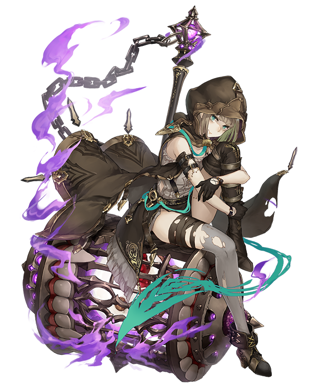 aqua_eyes asymmetrical_legwear brown_hair chain full_body gretel_(sinoalice) hammer hansel_(sinoalice) hood huge_weapon ji_no leg_hug long_coat looking_at_viewer official_art sinoalice sitting solo thighhighs torn_clothes torn_legwear transparent_background weapon