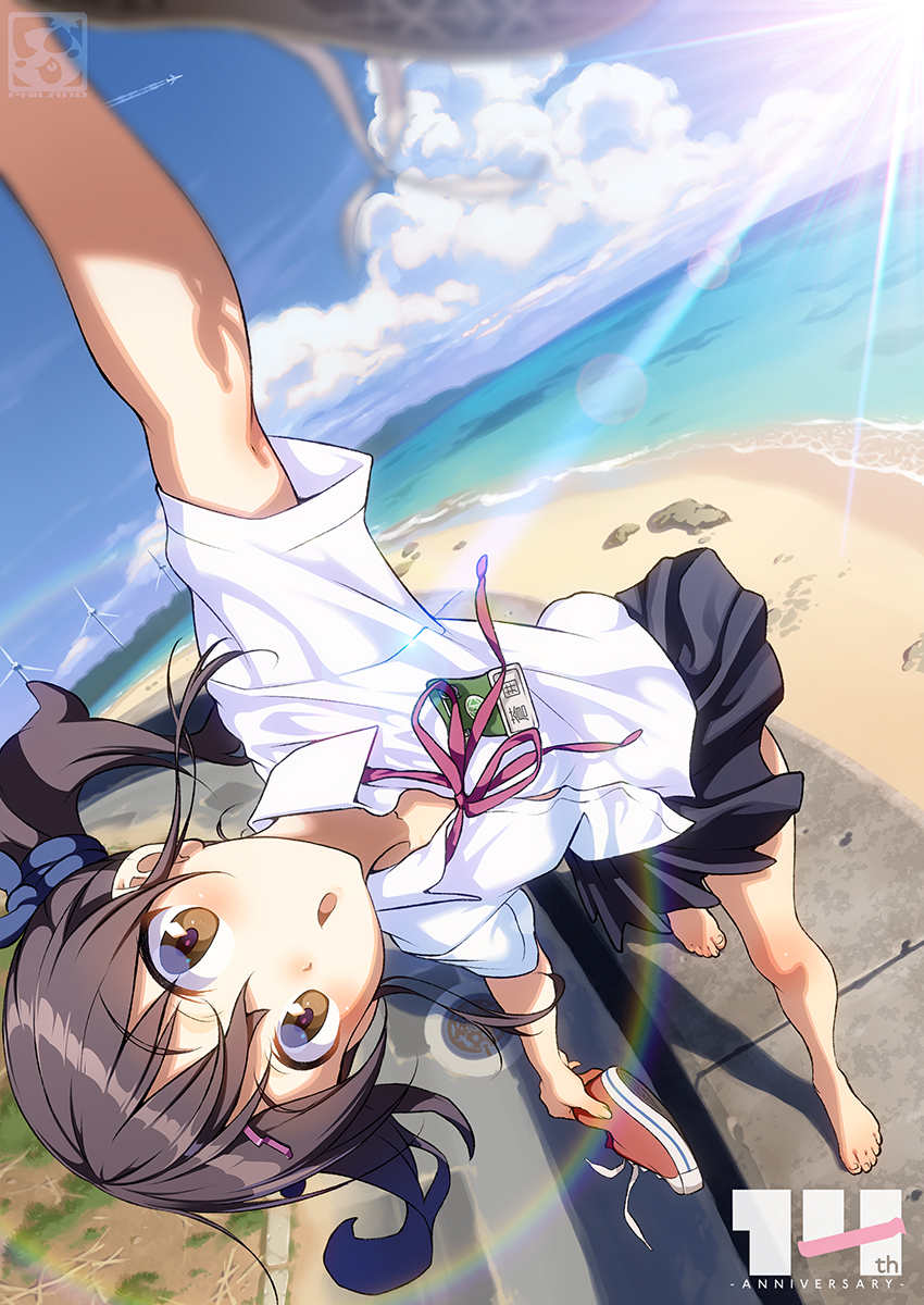 aoi_sora_(pairan) balancing barefoot beach brown_eyes brown_hair hair_ornament hairband hairclip highres holding holding_shoes ocean okinawa open_mouth original pairan red_footwear shoes shoes_removed twintails uniform