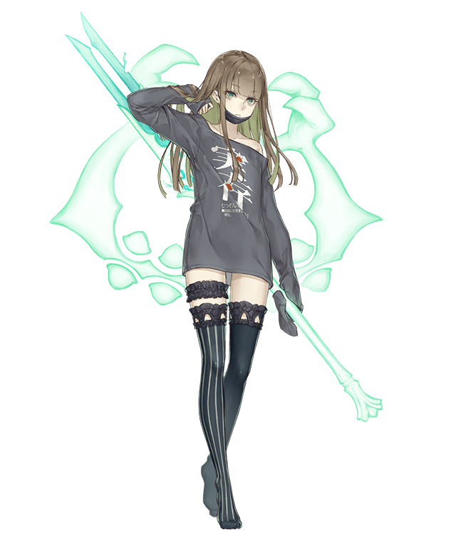 aqua_eyes brown_hair contemporary crossed_legs energy_weapon eyebrows_visible_through_hair face_mask full_body gretel_(sinoalice) ji_no long_hair mask off_shoulder official_art oversized_clothes polearm reverse_grip sinoalice sleeves_past_wrists solo spear surgical_mask thighhighs transparent_background watson_cross weapon
