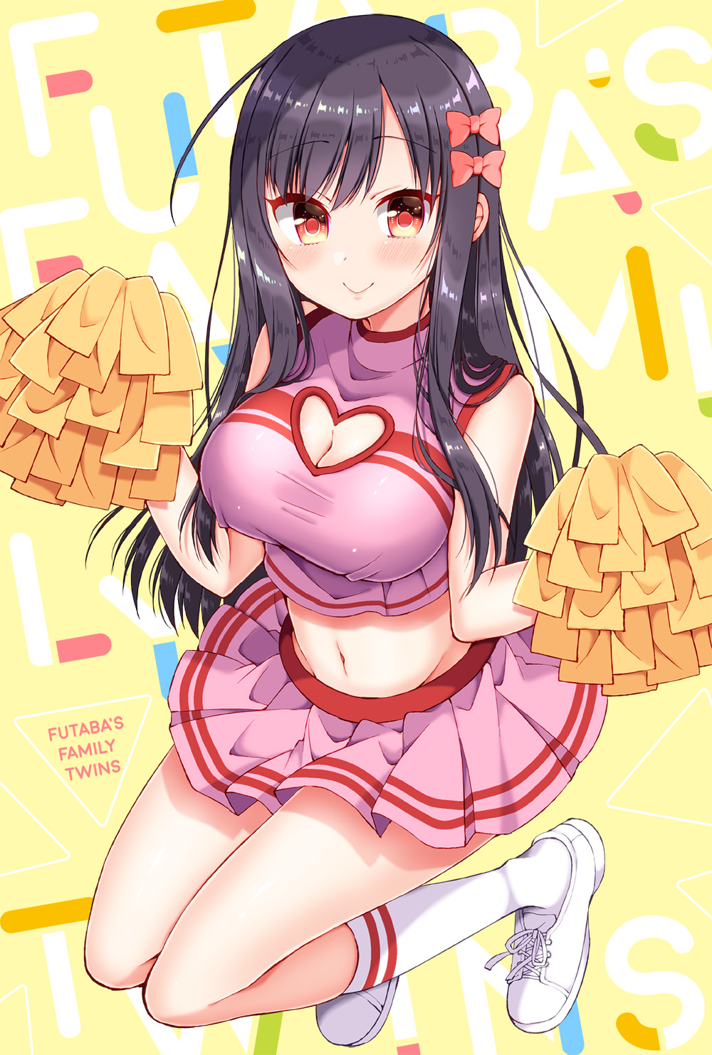 bangs bare_arms black_hair blush bow breasts c: cheerleader cleavage cleavage_cutout closed_mouth commentary_request crop_top english eyebrows_visible_through_hair full_body futaba-san_chi_no_kyoudai futaba_neiko hair_between_eyes hair_bow highres kneehighs knees_together_feet_apart laces large_breasts legs_up long_hair looking_at_viewer midriff miniskirt navel parted_bangs pink_bow pink_shirt pink_skirt pleated_skirt pom_poms red_eyes shiny shiny_hair shirt shoes sidelocks skirt smile solo stomach straight_hair taut_clothes taut_shirt tsukudani_norio white_footwear white_legwear yellow_background