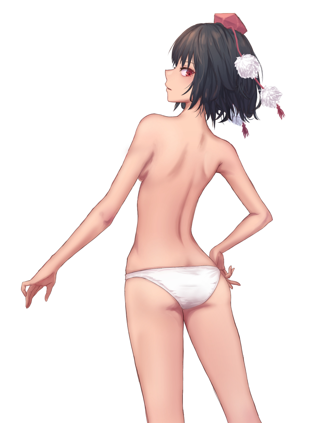 ass black_hair breasts commentary convenient_arm feet_out_of_frame from_behind hand_on_hip hat highres looking_at_viewer looking_back medium_breasts panties parted_lips pom_pom_(clothes) profile red_eyes roke_(taikodon) shameimaru_aya short_hair sideboob simple_background skindentation solo standing tassel tokin_hat topless touhou underwear underwear_only white_background white_panties