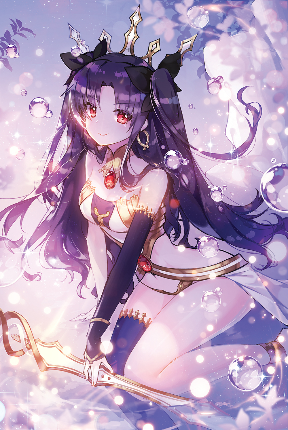 apple_caramel arm_support asymmetrical_legwear asymmetrical_sleeves bangs bare_shoulders black_bow black_hair black_legwear blush bow breasts bridal_gauntlets bubble closed_mouth commentary_request earrings eyebrows_visible_through_hair fate/grand_order fate_(series) hair_bow heavenly_boat_maanna highres holding holding_sword holding_weapon hoop_earrings ishtar_(fate/grand_order) jewelry long_hair long_legs looking_at_viewer medium_breasts neck_ring parted_bangs red_eyes single_bridal_gauntlet single_thighhigh smile solo sword thighhighs tiara two_side_up very_long_hair weapon