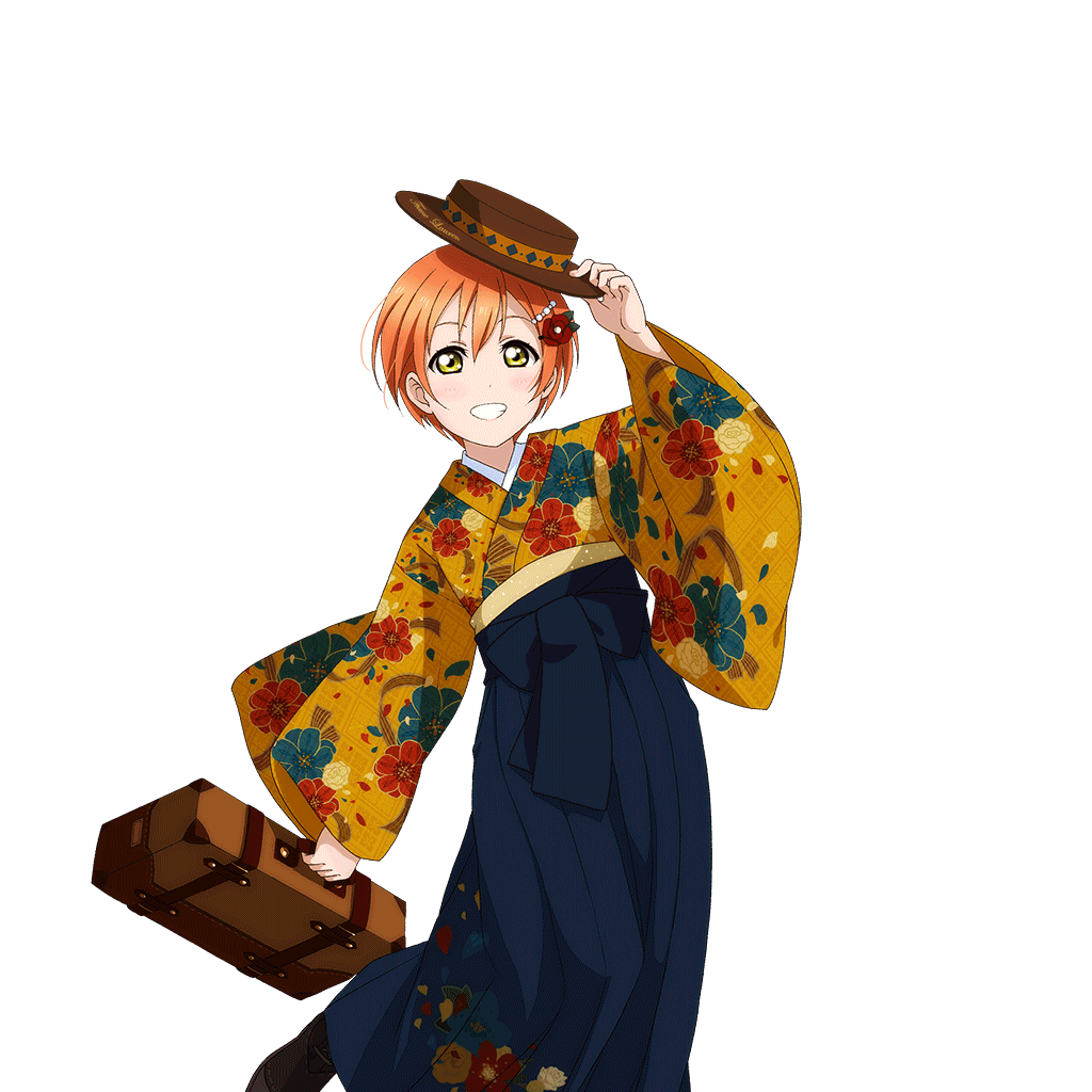 alternate_costume artist_request bag bangs blue_hakama blush boots floral_print grin hair_ornament hairclip hakama hat holding hoshizora_rin japanese_clothes kimono looking_at_viewer love_live! love_live!_school_idol_festival love_live!_school_idol_project meiji_schoolgirl_uniform official_art orange_hair school_bag short_hair smile solo transparent_background wide_sleeves yellow_eyes