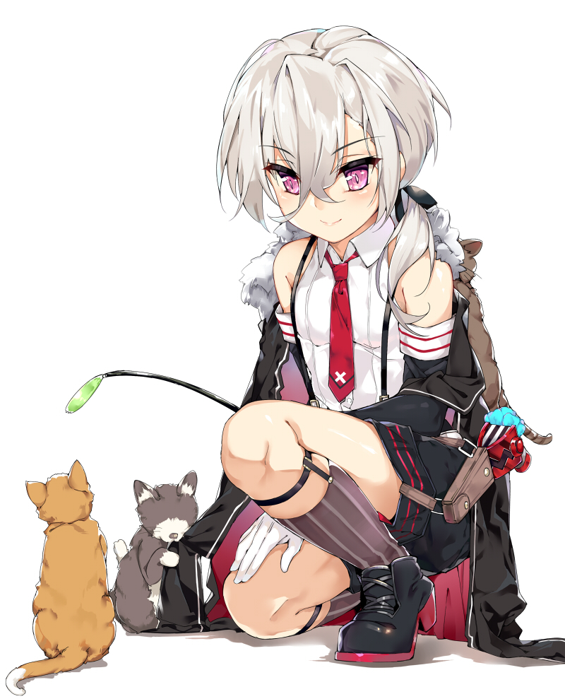 animal animal_on_back azur_lane bangs bare_shoulders black_footwear black_jacket black_shorts cat cat_teaser closed_mouth collared_shirt commentary_request detached_sleeves eyebrows_visible_through_hair flat_chest fur_collar gloves grey_hair grey_legwear hair_between_eyes hair_over_shoulder hand_on_own_thigh hidebuu holding jacket kneehighs long_hair looking_down low_ponytail necktie no_eyes one_knee open_clothes open_jacket pink_eyes red_neckwear shiny shiny_hair shiny_skin shirt shoes shorts simple_background sleeveless sleeveless_shirt smile suspender_shorts suspenders tsurime white_background white_gloves white_shirt z1_leberecht_maass_(azur_lane)