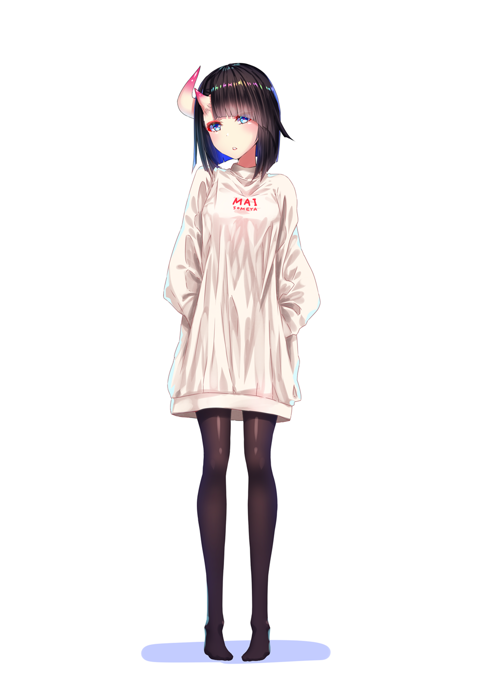 :o asymmetrical_horns bangs black_legwear blue_eyes blunt_bangs blush clothes_writing commentary_request eyeshadow full_body hands_on_hips highres horns long_sleeves looking_at_viewer makeup no_shoes original pantyhose parted_lips short_hair simple_background solo someya_mai standing sweater white_background