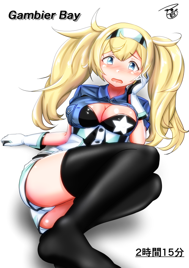 belt black_legwear blonde_hair blue_eyes blue_shirt blush breast_pocket breasts character_name cleavage collared_shirt commentary_request crying gambier_bay_(kantai_collection) gloves hair_between_eyes hairband kantai_collection large_breasts long_hair open_mouth pocket shirt shirt_pull short_sleeves shorts signature simple_background solo tears thighhighs tsukino_murakumo twintails white_background