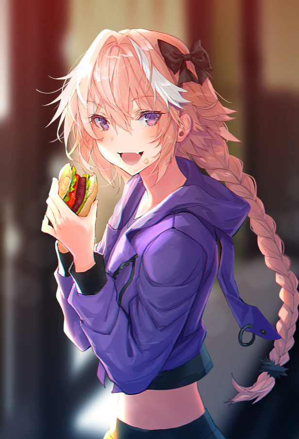 :d astolfo_(fate) bangs bite_mark black_bow blurry blurry_background blush bow braid casual contemporary cropped_jacket depth_of_field eyebrows_visible_through_hair fang fate/apocrypha fate_(series) food food_on_face from_side hair_between_eyes hair_bow hair_intakes hamburger holding holding_food hood hood_down hooded_jacket jacket lloule long_hair long_sleeves looking_at_viewer looking_to_the_side male_focus midriff multicolored_hair open_mouth otoko_no_ko pink_hair purple_eyes purple_jacket sidelocks single_braid smile solo standing streaked_hair white_hair