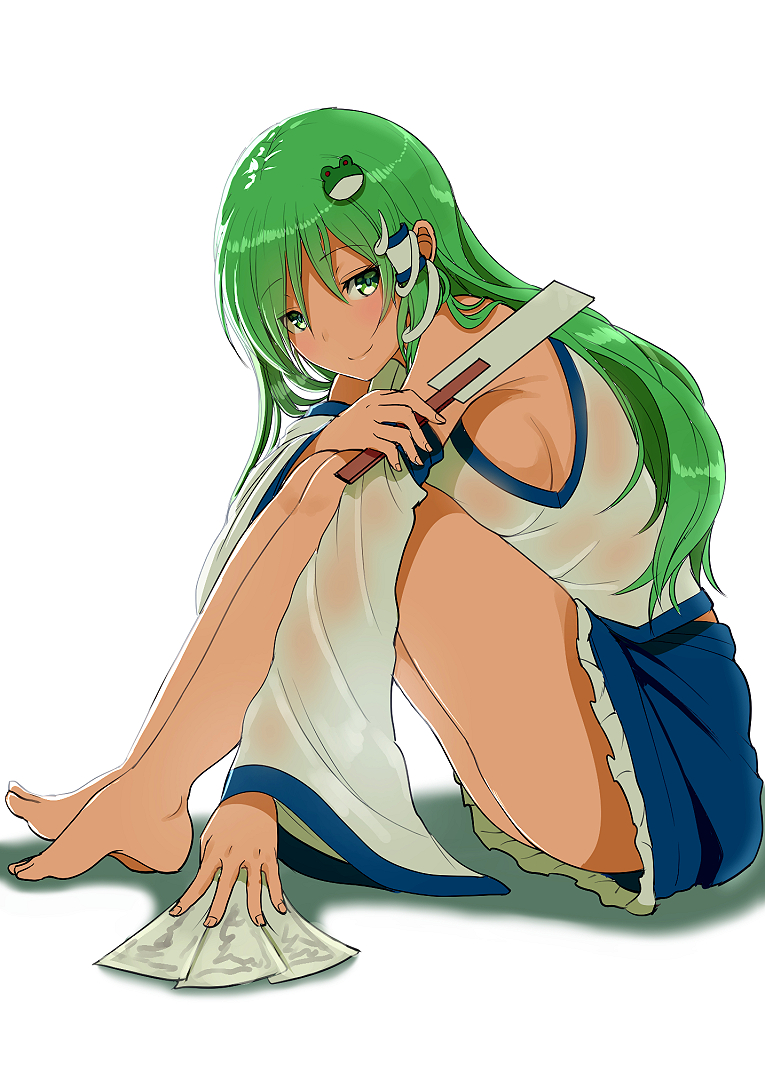 blue_skirt breasts collared_shirt detached_sleeves frog_hair_ornament gohei green_eyes green_hair hair_ornament hair_tubes juliet_sleeves kochiya_sanae long_hair long_sleeves medium_breasts nontraditional_miko ofuda opanchu_(hakusen) puffy_sleeves shirt skirt sleeveless sleeveless_shirt smile snake_hair_ornament solo touhou white_background white_shirt wide_sleeves