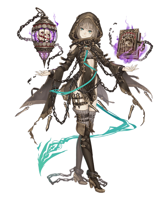 aqua_eyes belt book boots brown_hair cage chain crossed_legs cuffs floating_book full_body gretel_(sinoalice) hansel_(sinoalice) head_tilt high_heels ji_no knee_boots looking_at_viewer official_art shackles sinoalice smile solo thighhighs transparent_background watson_cross