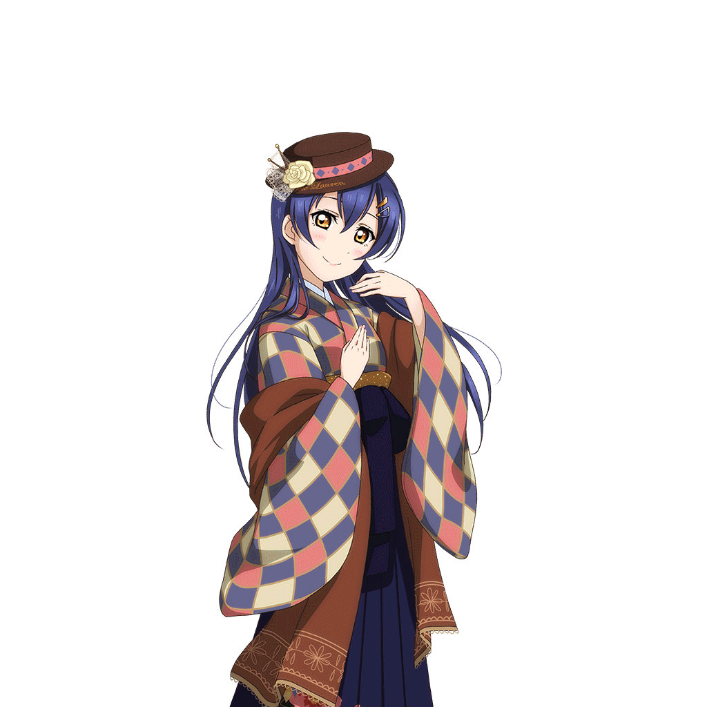 alternate_costume artist_request bangs blue_hair blue_hakama blush checkered hair_ornament hairclip hakama hat japanese_clothes kimono long_hair looking_at_viewer love_live! love_live!_school_idol_festival love_live!_school_idol_project meiji_schoolgirl_uniform official_art smile solo sonoda_umi transparent_background wide_sleeves yellow_eyes