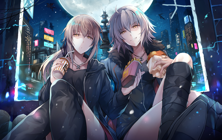 artoria_pendragon_(all) blonde_hair city commentary_request cup drinking_straw eating fate/grand_order fate_(series) food french_fries fur_trim hamburger hirai_yuzuki jacket jeanne_d'arc_(alter)_(fate) jeanne_d'arc_(fate)_(all) jewelry moon multiple_girls necklace night night_sky pale_skin ponytail saber_alter silver_hair sitting sky smile star_(sky) wicked_dragon_witch_ver._shinjuku_1999 yellow_eyes