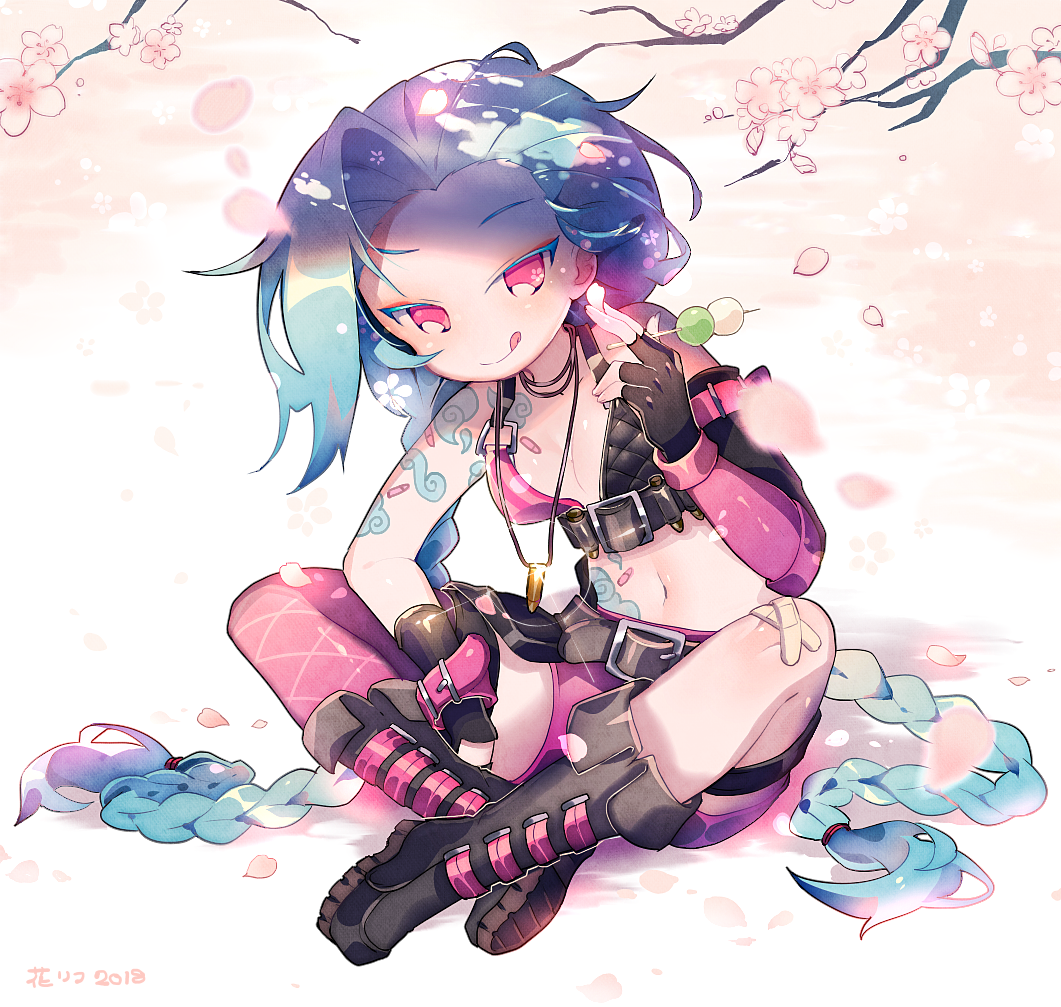 1girl bare_shoulders bikini_top black_gloves blue_hair boots braid bullet cherry_blossoms elbow_gloves fingerless_gloves food gloves jinx_(league_of_legends) league_of_legends long_hair mismatched_footwear mismatched_gloves pink_eyes short_shorts shorts single_elbow_glove single_knee_boot sitting small_breasts smile solo tattoo thigh_strap thighhighs tongue tongue_out twin_braids very_long_hair