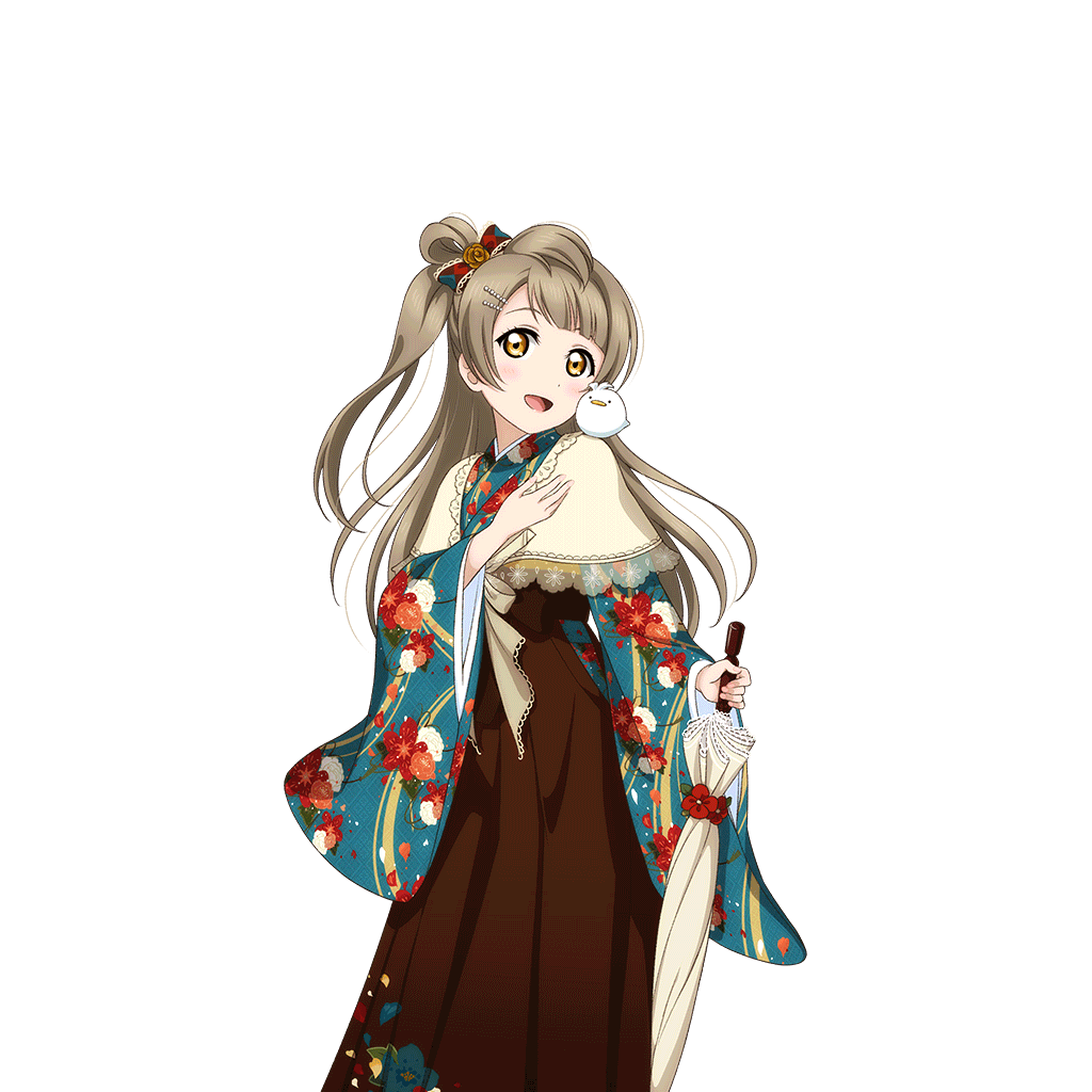 alternate_costume animal animal_on_shoulder artist_request bangs bird bird_on_shoulder blush bow brown_eyes brown_hair brown_hakama floral_print hair_ornament hairclip hakama holding japanese_clothes kimono lace long_hair looking_at_viewer love_live! love_live!_school_idol_festival love_live!_school_idol_project meiji_schoolgirl_uniform minami_kotori official_art one_side_up open_mouth smile solo transparent_background umbrella wide_sleeves