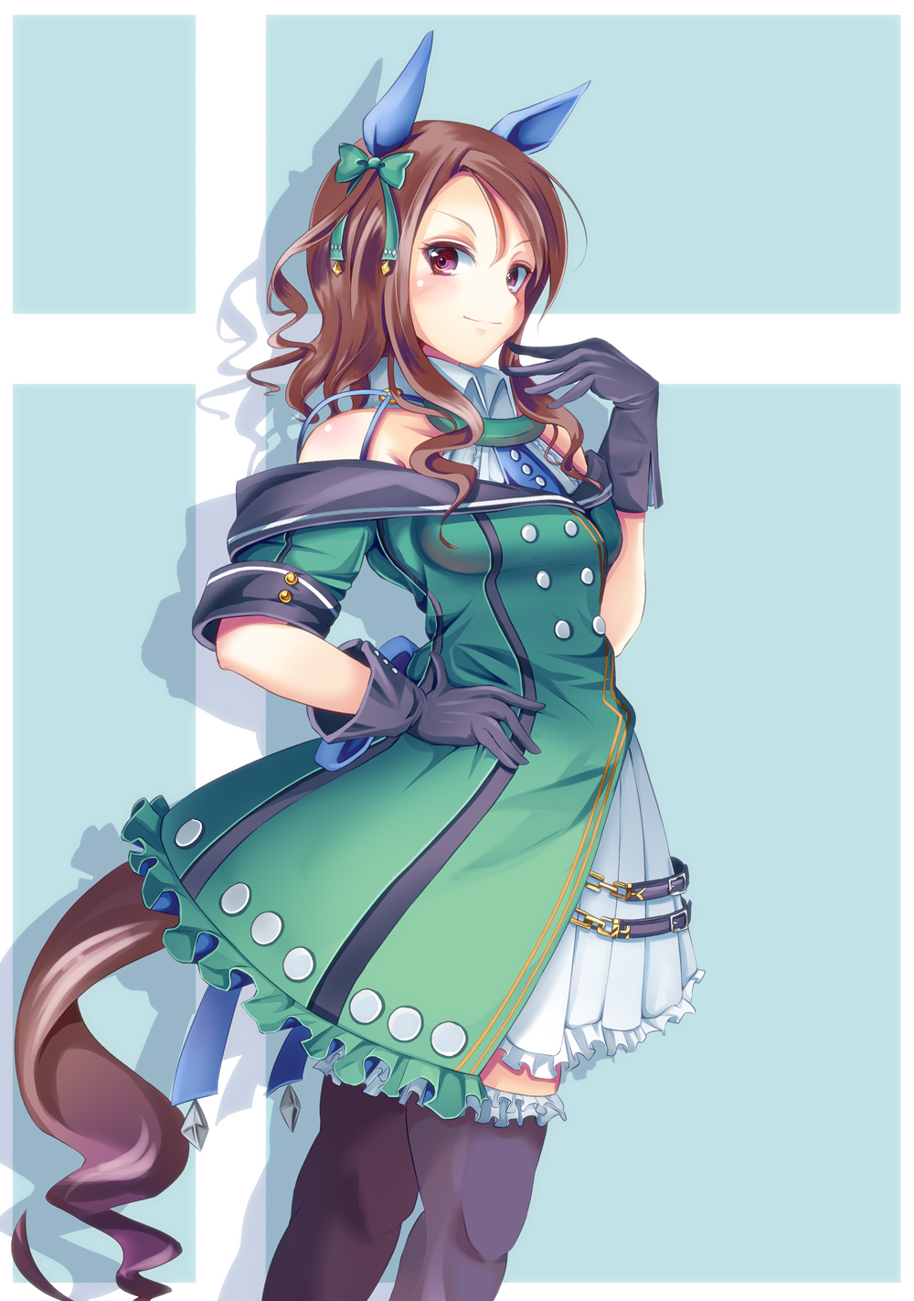 animal_ears bangs black_gloves black_legwear blue_background blush bow brown_hair dress ear_covers frills gloves green_bow green_dress hair_bow hand_on_hip hand_up highres horse_ears horse_girl horse_tail king_halo long_hair looking_at_viewer shadow simple_background skirt smile solo tail umamusume white_skirt yumibakama_meme