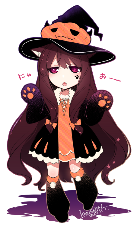 animal_ears arm_warmers black_hat blush bow brown_hair chestnut_mouth chibi commentary_request dated dress ears_down eyebrows_visible_through_hair halloween hands_up hat jacket jitome konshin long_hair looking_at_viewer open_clothes open_jacket orange_bow orange_dress orange_skirt original purple_eyes short_dress signature simple_background skirt solo standing standing_on_one_leg very_long_hair white_background