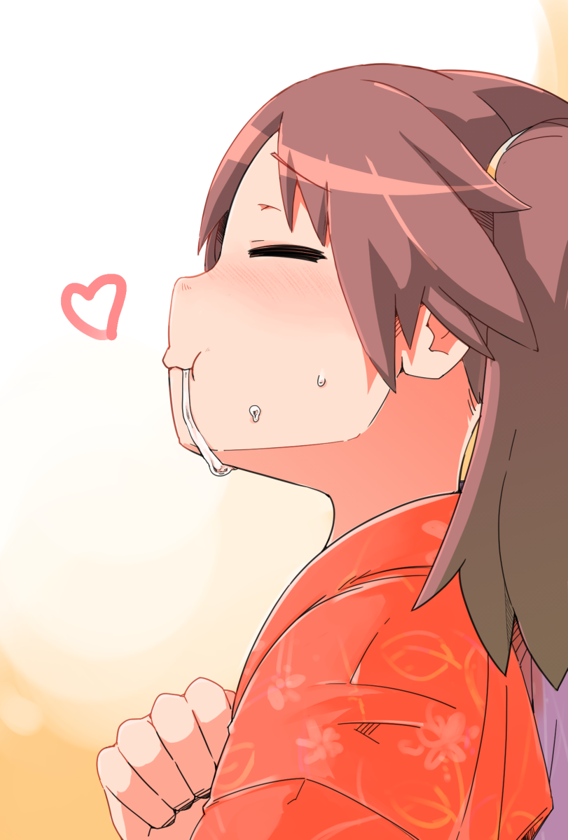 blush brown_hair commentary_request cum cum_in_mouth enjaku_izuku from_side heart highres japanese_clothes kantai_collection kimono ryuujou_(kantai_collection) solo sweat twintails upper_body yukata