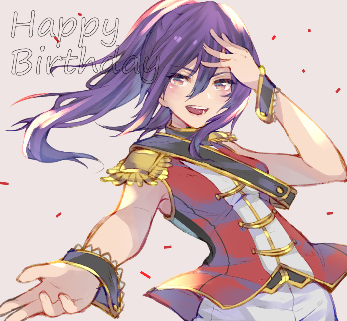1girl band_uniform bang_dream! bangs confetti epaulettes grey_background hair_between_eyes hand_on_head hand_on_own_forehead happy_birthday long_hair looking_at_viewer open_mouth outstretched_hand ponytail purple_eyes purple_hair rokuromi sash seta_kaoru shirt simple_background sleeveless sleeveless_shirt smile solo upper_body wrist_cuffs