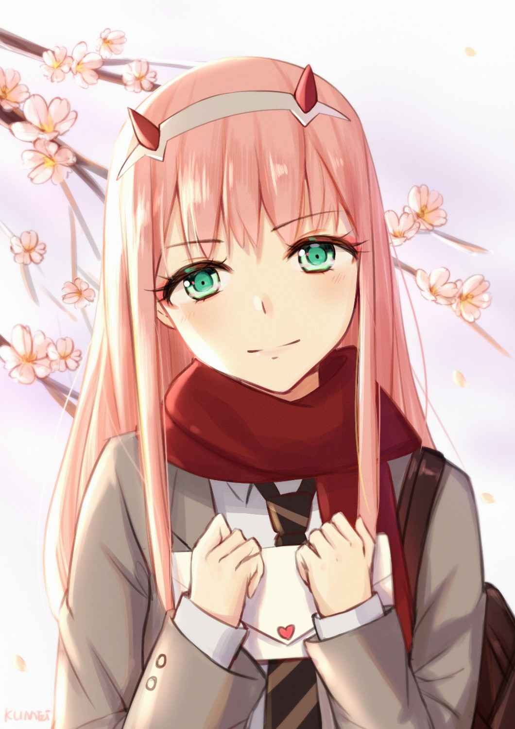 aqua_eyes artist_name bag bangs cherry commentary_request darling_in_the_franxx eyebrows_visible_through_hair floral_background food fruit grey_jacket hairband head_tilt highres holding_letter horns jacket kumei letter long_hair looking_at_viewer love_letter necktie pink_hair pink_lips red_horns red_scarf scarf school_bag school_uniform shirt signature solo striped striped_neckwear white_hairband white_shirt zero_two_(darling_in_the_franxx)