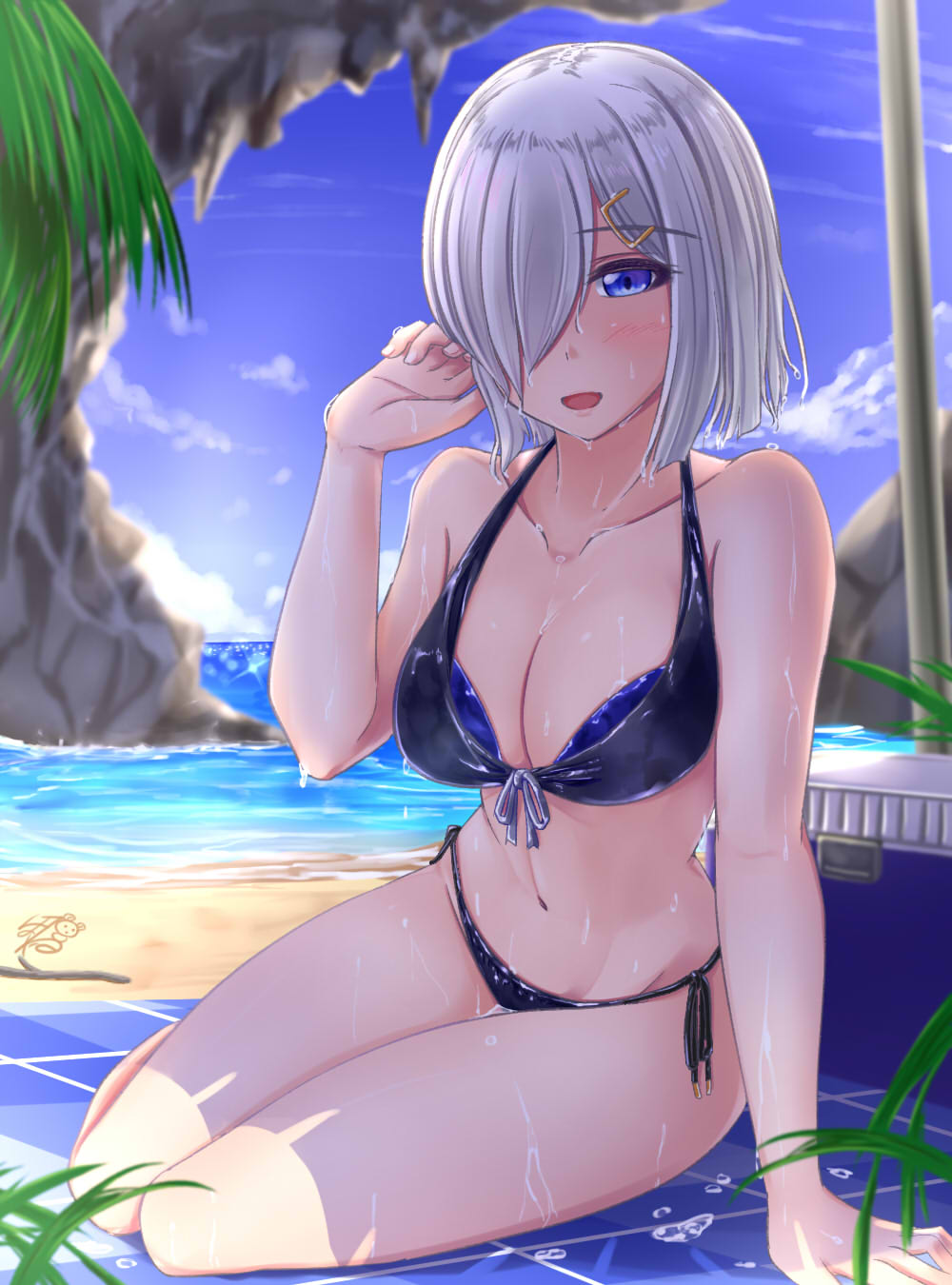 alternate_costume arm_support ayakase_hotaru bangs bikini black_bikini blue_eyes blush breasts cleavage collarbone commentary_request day front-tie_bikini front-tie_top hair_ornament hair_over_one_eye hairclip hamakaze_(kantai_collection) highres kantai_collection large_breasts open_mouth outdoors shade short_hair side-tie_bikini silver_hair sitting smile solo swimsuit thighs wet yokozuwari