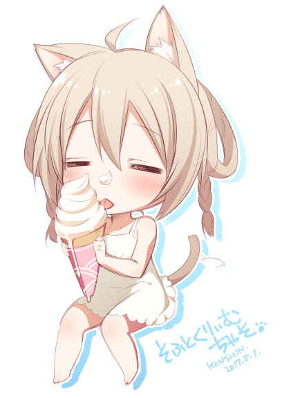 :p =_= ahoge animal_ears barefoot blonde_hair blush braid cat_ears cat_tail chibi closed_eyes commentary_request dated dress drop_shadow food food_on_face ice_cream invisible_chair konshin original signature simple_background sitting solo tail tongue tongue_out translation_request white_background white_dress