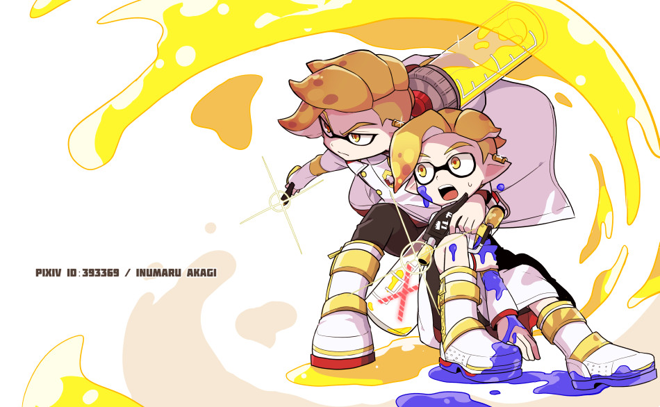 arm_around_neck arm_grab artist_name black_pants black_shorts blonde_hair boots closed_mouth commentary_request domino_mask earrings emperor_(splatoon) foreshortening frown holding holding_weapon ink_tank_(splatoon) inkling inumaru_akagi jewelry long_sleeves looking_at_another male_focus mask multiple_boys open_mouth paint_splatter pants pixiv_id pointy_ears prince_(splatoon) protecting short_hair shorts sitting sparkle splat_dualies_(splatoon) splatoon_(manga) splatoon_(series) standing sweatdrop weapon white_coat white_footwear yellow_eyes
