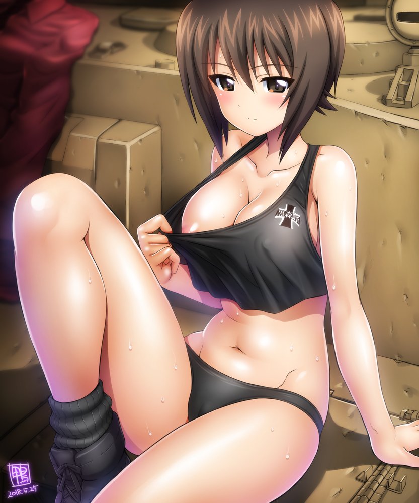 areola_slip areolae arm_support bare_shoulders black_legwear blush boots breasts brown_eyes brown_hair cameltoe cleavage collar_tug collarbone covered_nipples crop_top crop_top_overhang dated emblem eyebrows_visible_through_hair girls_und_panzer groin ground_vehicle hair_between_eyes kamogawa_tanuki kuromorimine_(emblem) large_breasts looking_at_viewer military military_vehicle motor_vehicle navel nishizumi_maho red_shirt shiny shiny_hair shirt shirt_removed short_hair signature skindentation smile socks solo sweat tank tank_top tiger_i