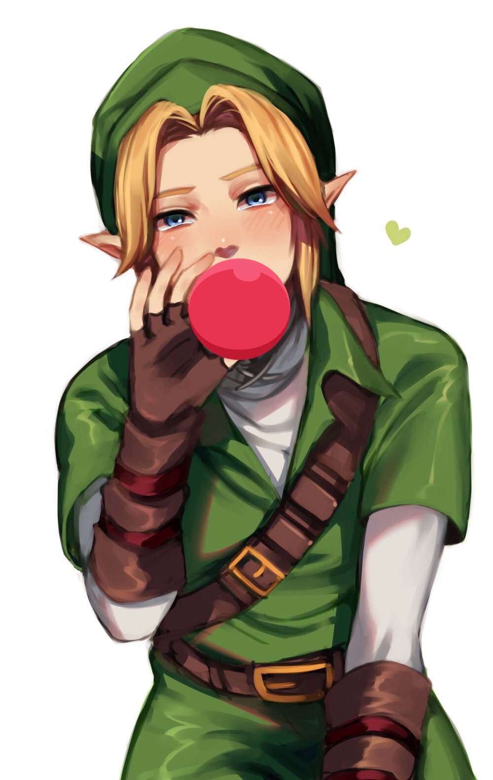belt blonde_hair blue_eyes brown_gloves bubble_blowing chewing_gum fingerless_gloves gloves green_hat hat heart highres link male_focus pointy_ears rin2010 solo the_legend_of_zelda tunic upper_body white_background