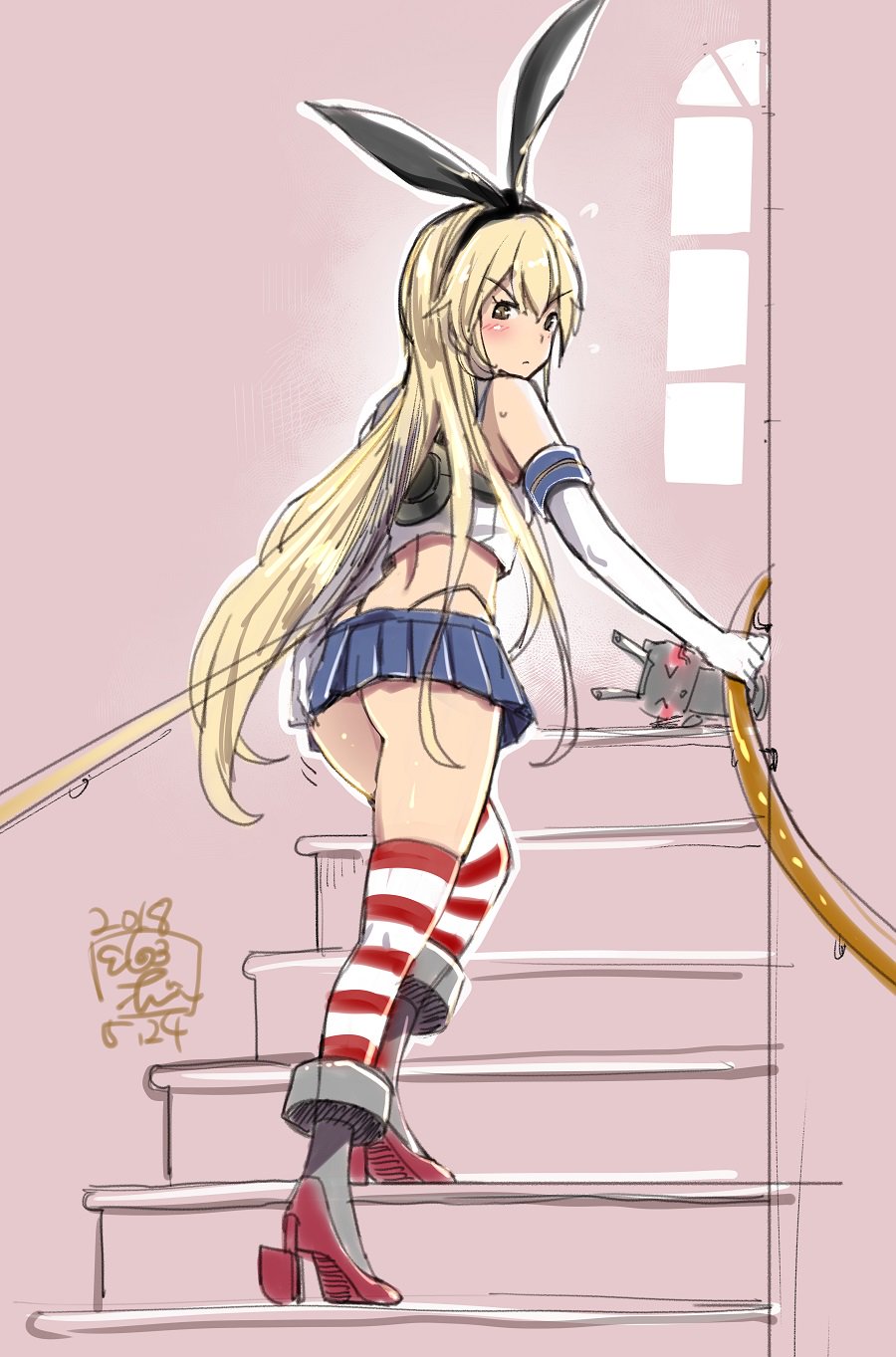 animal_ears ass black_panties blonde_hair blush bunny_ears check_commentary commentary commentary_request crop_top elbow_gloves fake_animal_ears from_behind full_body gloves grey_eyes hair_ornament hairband handrail high_heels highleg highleg_panties highres kantai_collection long_hair looking_at_viewer looking_back microskirt panties pink_background rakujin rensouhou-chan rudder_shoes sailor_collar school_uniform serafuku shimakaze_(kantai_collection) skirt solo stairs stairwell striped striped_legwear thighhighs thong underwear white_gloves