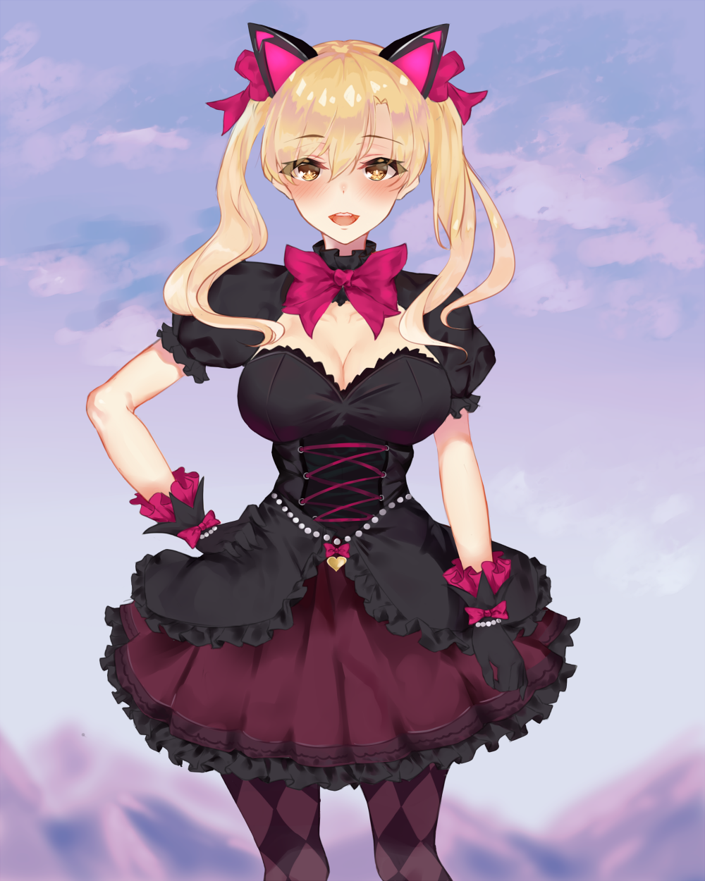 alternate_costume animal_ears argyle argyle_legwear bangs black_cat_d.va black_dress black_gloves blonde_hair blush bow breasts cat_ears cleavage corset cowboy_shot d.va_(overwatch) dress error_dot eyebrows_visible_through_hair frilled_dress frills gloves hair_between_eyes hair_bow hand_on_hip heart highres large_breasts lolita_fashion long_hair looking_at_viewer open_mouth overwatch pantyhose parted_bangs pink_bow puffy_short_sleeves puffy_sleeves short_sleeves solo twintails yellow_eyes