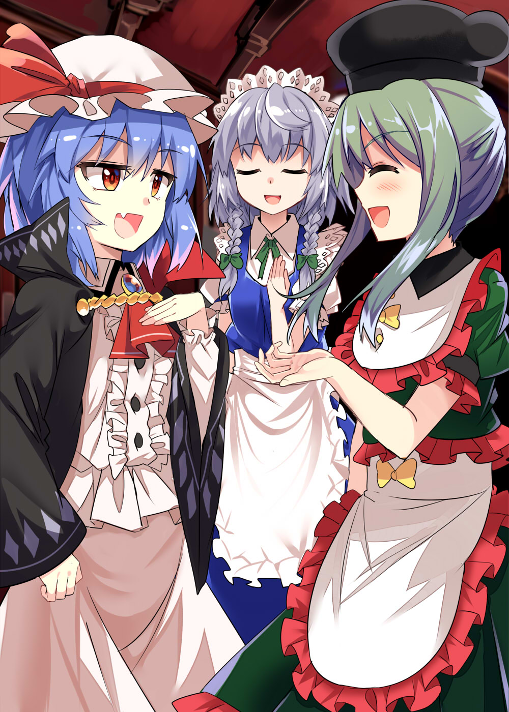 :d ^_^ apron ascot black_coat black_hat blue_dress blue_hair blush bow brooch closed_eyes coat commentary_request dress e.o. eyebrows_visible_through_hair facing_another fang feet_out_of_frame frilled_apron frilled_dress frills green_bow green_dress green_hair green_neckwear green_ribbon hair_bow hand_up hat highres indoors izayoi_sakuya jewelry long_sleeves looking_at_another maid maid_apron maid_headdress multiple_girls neck_ribbon open_mouth puffy_short_sleeves puffy_sleeves red_eyes red_neckwear remilia_scarlet ribbon short_hair short_hair_with_long_locks short_sleeves silver_hair smile standing teireida_mai touhou waist_apron white_apron white_dress wide_sleeves wing_collar yellow_bow