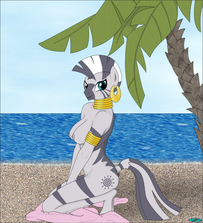 anthro areola beach breasts equine fab3716 female friendship_is_magic horse invalid_tag jewelry mammal my_little_pony nipples nude palm_tree pinup pony pose sand sea seaside solo tree water zecora_(mlp)