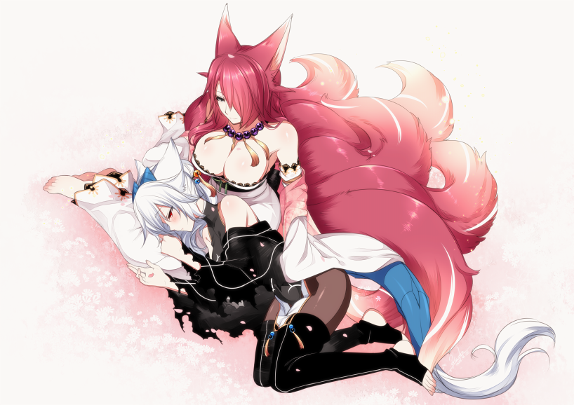 animal_ears bare_shoulders barefoot black_legwear breasts brown_legwear cleavage closed_mouth commentary_request detached_sleeves fox_ears fox_tail hair_over_one_eye japanese_clothes jewelry kimono konshin lap_pillow large_breasts long_sleeves lying multiple_girls multiple_tails necklace obi on_side original pantyhose pearl_necklace red_eyes red_hair sash sitting smile stirrup_legwear tail thighhighs toeless_legwear white_hair white_kimono yokozuwari