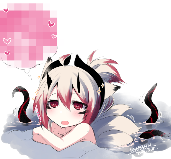 @_@ animal_ears bath blush censored commentary_request crossed_arms dated drooling facial_mark fox_ears heart horns konshin multicolored_hair multiple_tails nude onsen original red_eyes signature solo tail tentacles thought_bubble water wet