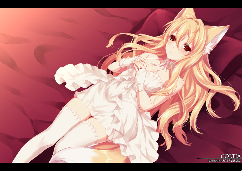 animal_ears blonde_hair blush coltia_fil_fillenz commentary dated dress feet_out_of_frame fox_ears fox_tail hair_between_eyes hair_intakes jewelry konshin letterboxed long_hair looking_at_viewer lying on_back on_bed original parted_lips pillow red_eyes ring short_dress signature solo tail thighhighs white_dress white_legwear