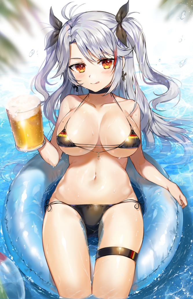 :q anchor azur_lane beer_mug bikini black_bikini black_choker black_ribbon blue_innertube blush breasts choker closed_mouth collarbone commentary cup earrings eyebrows_visible_through_hair flag_print german_flag_bikini gijang halterneck holding holding_cup innertube iron_cross jewelry large_breasts long_hair looking_at_viewer lying mole mole_on_breast multicolored_hair navel on_back outdoors prinz_eugen_(azur_lane) red_hair ribbon side-tie_bikini side-tie_bottom silver_hair solo streaked_hair swimsuit thigh_strap tongue tongue_out two-tone_hair two_side_up water wet yellow_eyes
