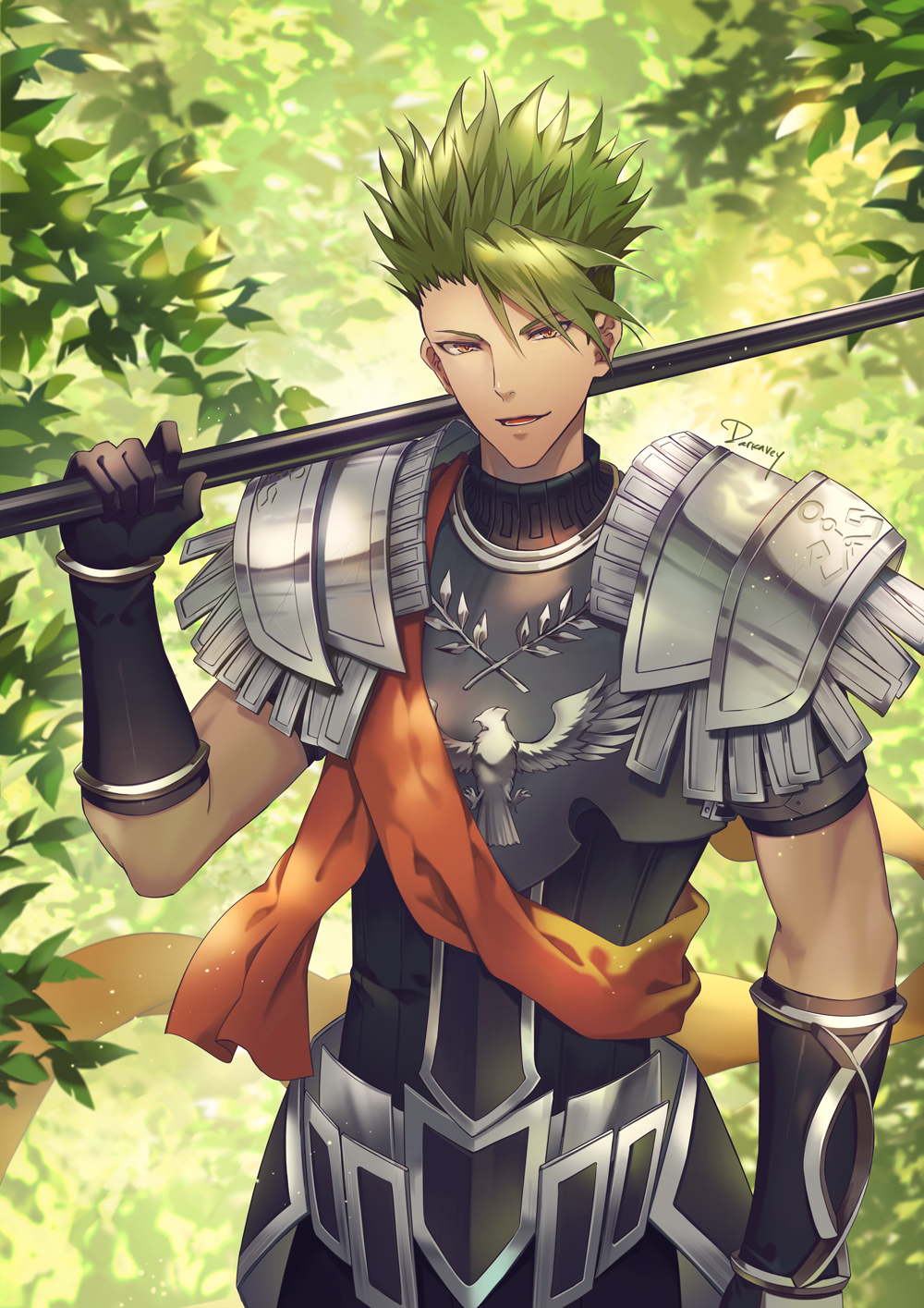 achilles_(fate) armor darkavey fate/apocrypha fate/grand_order fate_(series) gloves green_hair highres holding holding_spear holding_weapon looking_at_viewer male_focus polearm scarf signature smile solo spear spiked_hair weapon yellow_eyes