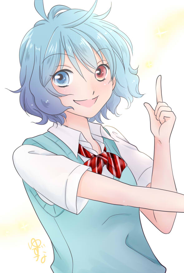 alternate_costume blue_eyes blue_hair blue_vest bow contemporary heterochromia looking_at_viewer messy_hair pointing pointing_up red_bow red_eyes school_uniform shirt short_hair smile solo tatara_kogasa touhou vest white_shirt yuzuna99
