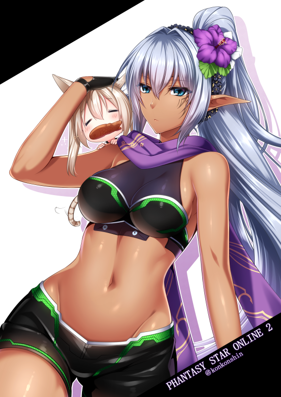 =_= aqua_eyes bare_shoulders black_gloves breasts chibi closed_eyes closed_mouth commentary_request copyright_name dark_skin elf facial_mark flower gloves hair_flower hair_intakes hair_ornament konshin large_breasts light_blue_hair long_hair looking_at_viewer multiple_girls navel neon_trim original petting phantasy_star phantasy_star_online_2 platinum_blonde_hair pointy_ears purple_scarf scarf short_shorts shorts size_difference standing twitter_username very_long_hair white_background