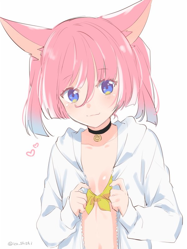animal_ears black_choker blue_eyes bra breasts choker closed_mouth commentary copyright_request heart hood hooded_jacket ica jacket long_sleeves looking_at_viewer pink_hair short_hair simple_background small_breasts smile solo twintails twitter_username underwear upper_body white_background white_jacket yellow_bra