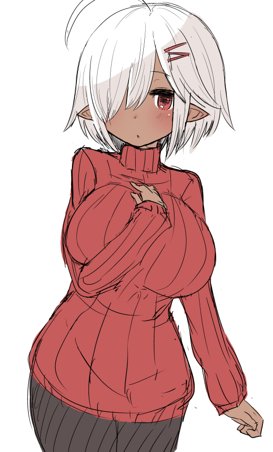 ahoge breasts commentary dark_skin hair_ornament hair_over_one_eye hairclip large_breasts looking_at_viewer malice-chan_(malice_stella) malice_stella original pantyhose pointy_ears red_eyes red_sweater ribbed_sweater short_hair simple_background sketch solo sweater white_background white_hair