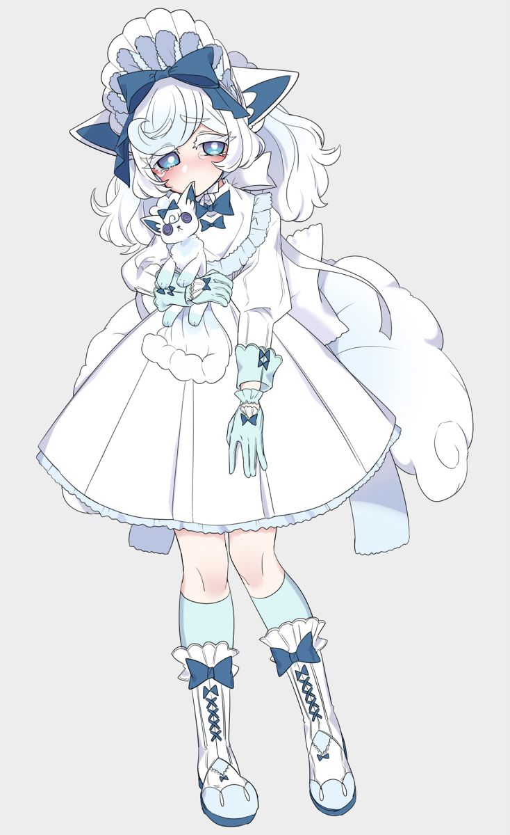 alolan_form alolan_vulpix animal_ears bangs blue_bow blue_eyes blue_gloves blue_hair blue_legwear bonnet boots bow bright_pupils capelet colored_eyelashes cross-laced_footwear dress eyebrows eyebrows_visible_through_hair fox_ears fox_girl fox_tail full_body furrowed_eyebrows gen_7_pokemon gloves gradient_hair hair_bow highres hime_(ohime_pkg) holding kneehighs lace-up_boots legs_apart long_hair long_sleeves moemon multicolored_hair multiple_tails personification pokemon puffy_long_sleeves puffy_sleeves silver_background sleeve_cuffs solo stuffed_toy tail tears two-tone_hair vulpix white_bow white_capelet white_dress white_footwear white_hair white_pupils