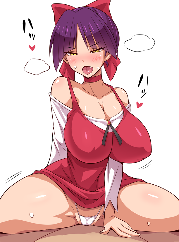 1girl alternate_breast_size arm_support bangs bare_shoulders blush breasts breath choker cleavage collarbone covered_nipples dress eyebrows_visible_through_hair gegege_no_kitarou gem hair_ribbon half-closed_eyes hand_on_another's_stomach heart heavy_breathing implied_sex impossible_clothes impossible_dress konno_tohiro large_breasts long_sleeves looking_down motion_lines nekomusume nekomusume_(gegege_no_kitarou_6) no_pants nose_blush off-shoulder_shirt open_mouth out_of_frame panties purple_hair red_choker red_dress red_ribbon ribbon saliva shiny shiny_hair shiny_skin shirt short_dress short_hair simple_background sleeveless sleeveless_dress slit_pupils solo_focus straddling sweat tongue tongue_out tsurime underwear v-shaped_eyebrows white_background white_panties white_shirt yellow_eyes