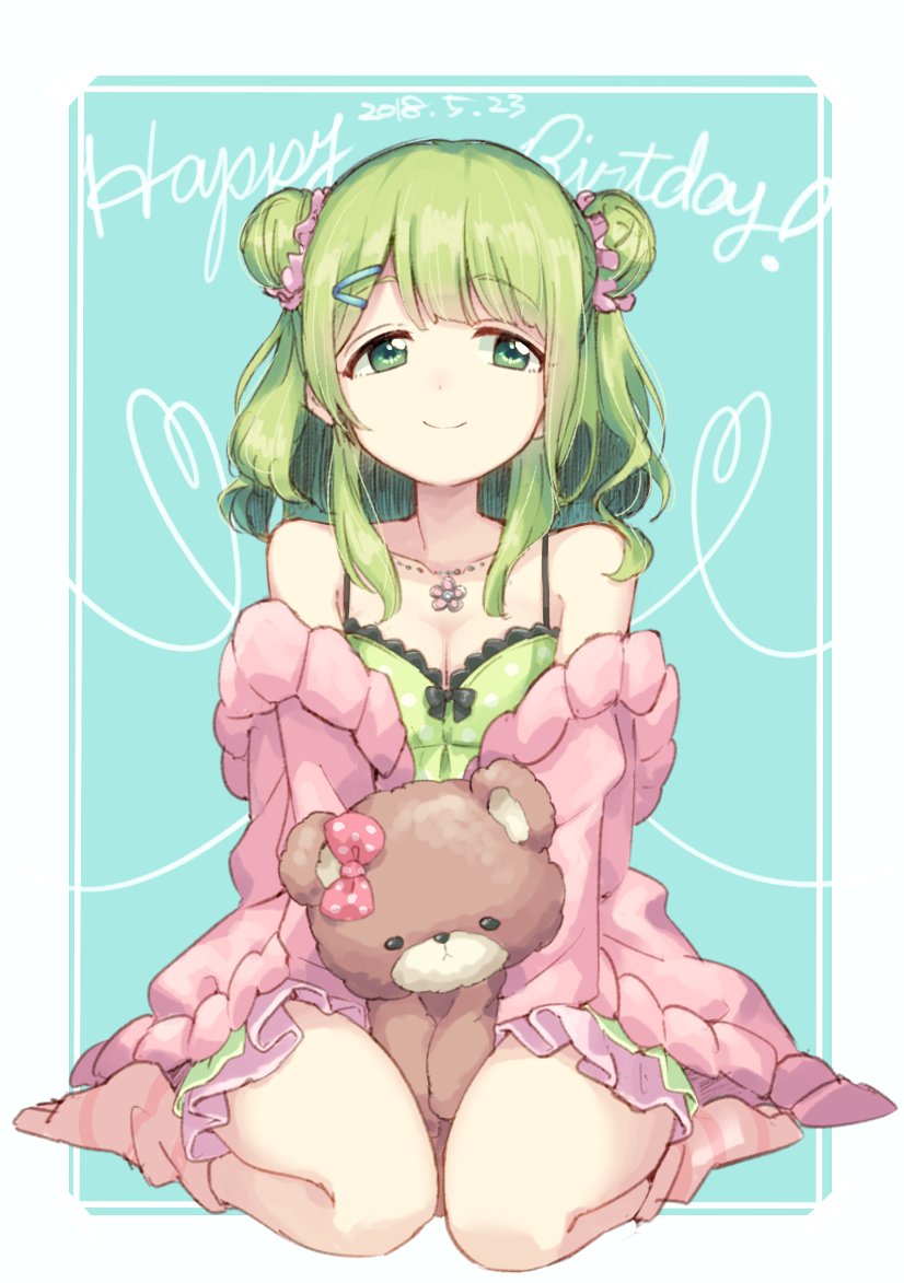 breasts cleavage closed_mouth collarbone commentary dated double_bun eyebrows_visible_through_hair green_camisole green_eyes green_hair hair_ornament hair_scrunchie hairclip happy_birthday holding holding_stuffed_animal jewelry ksk_(semicha_keisuke) medium_breasts medium_hair morinaka_kazaki necklace nijisanji off_shoulder older on_floor pink_cardigan pink_scrunchie scrunchie sitting smile solo stuffed_animal stuffed_toy teddy_bear virtual_youtuber