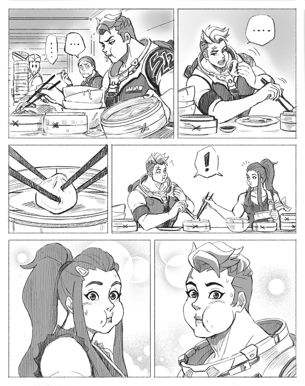... 2girls bamboo_steamer baozi bowl brigitte_(overwatch) bubble_background cheek_bulge chopsticks comic commentary food food_in_mouth food_on_face greyscale hair_ornament hairclip highres ladygt93 long_hair looking_at_another monochrome multiple_girls muscle muscular_female overwatch ponytail short_hair shoulder_tattoo sidelocks silent_comic sleeveless sweatdrop tattoo undercut very_short_hair zarya_(overwatch)